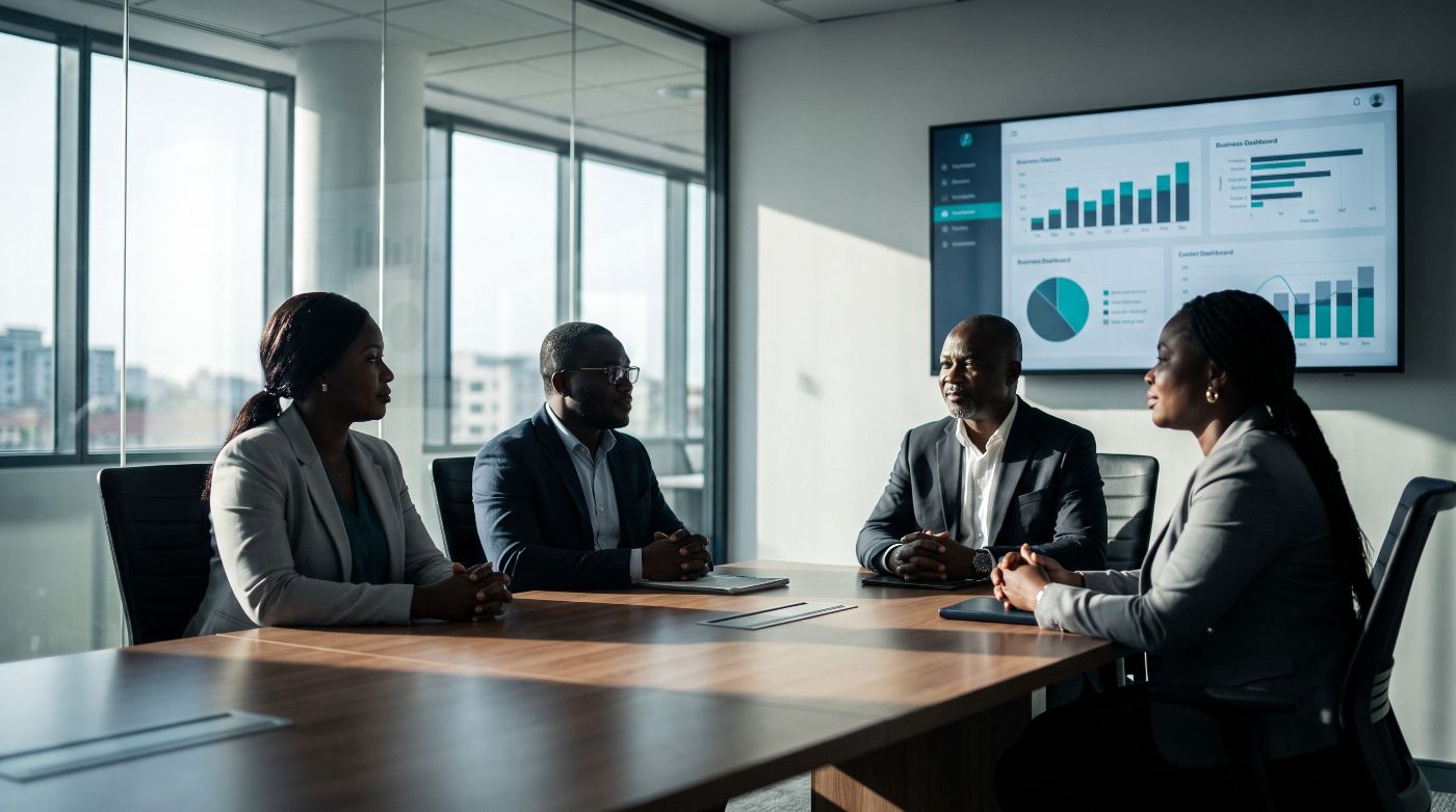 A leadership team in an Accra boardroom reviewing live business dashboards on a wall screen