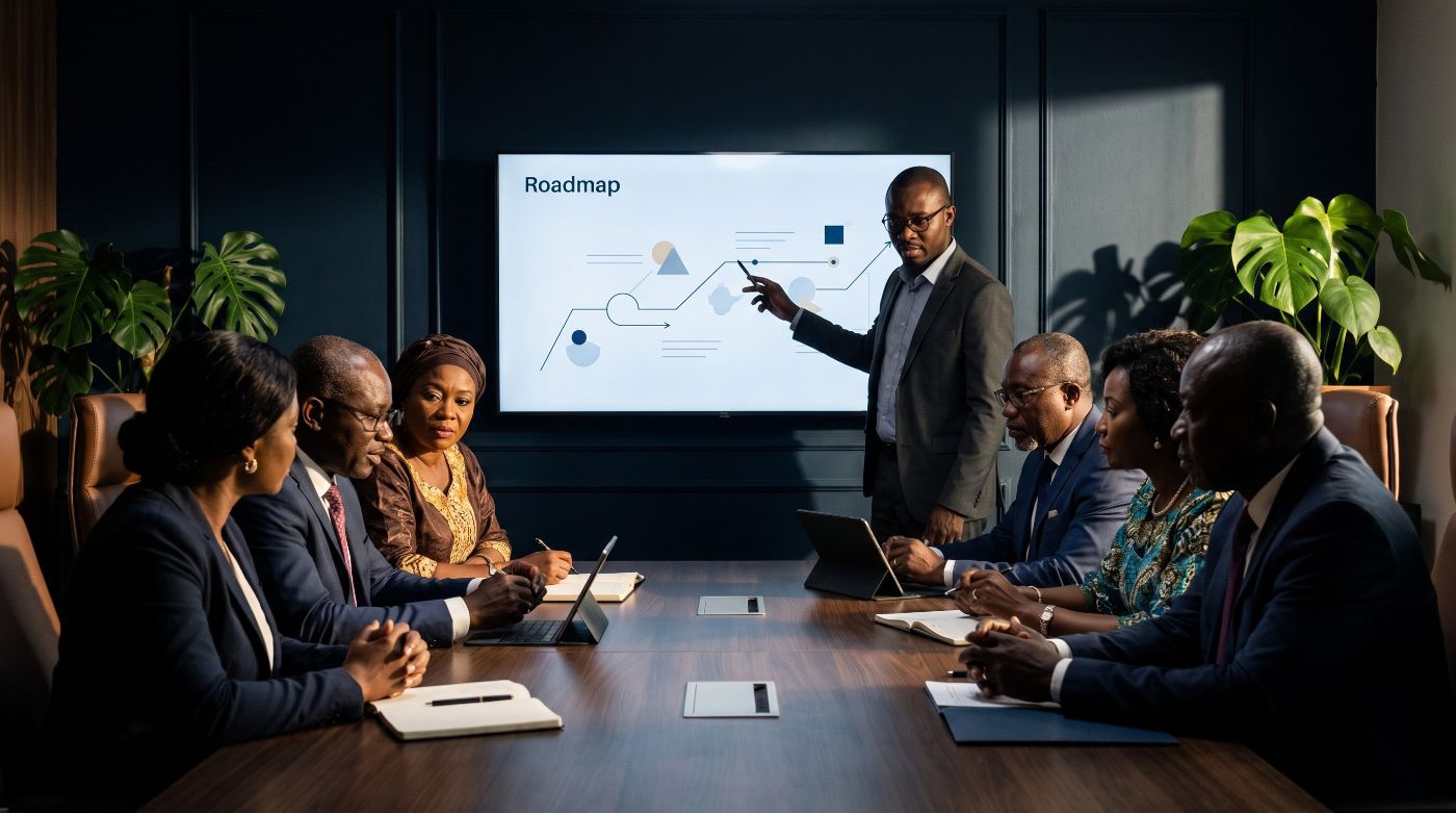 Senior executives in an Accra workshop reviewing an AI roadmap with a facilitator